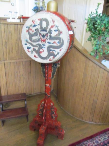 Very Tall Red Chinese Drum w/ Dragon Motive Design, H (1 of 3)