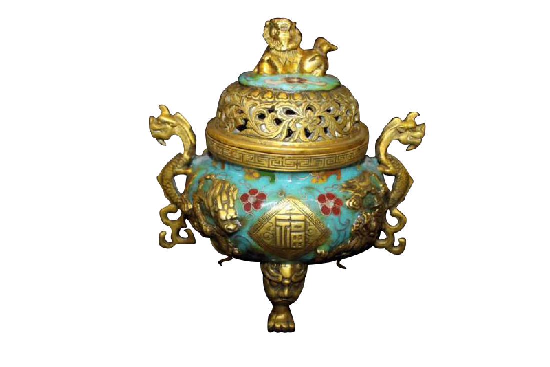 CHINESE MING QING DYNASTY CLOISONNE BRONZE CENSER POT (1 of 5)