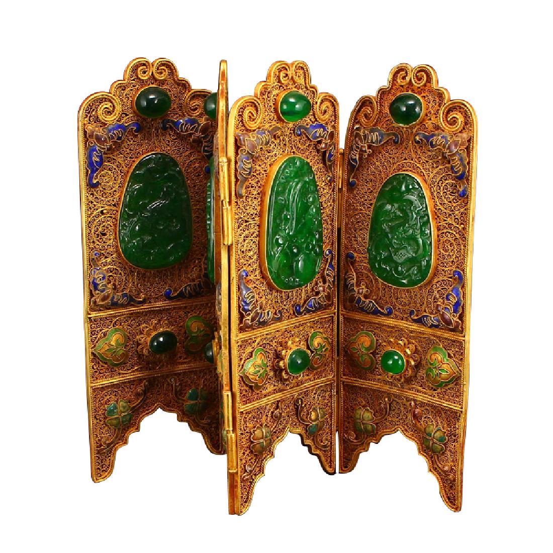 CHINESE BRONZE GILT JADE TABLE SCREEN RARE (1 of 6)