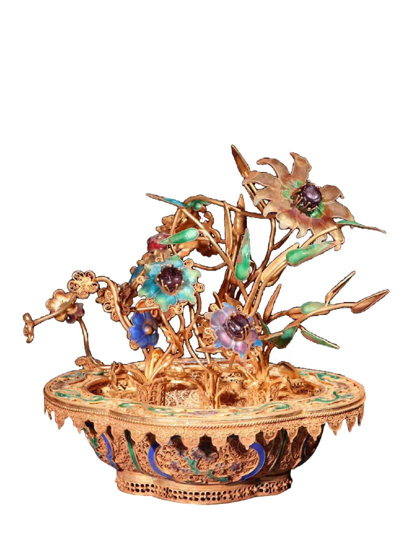 CHINESE GILT CLOISONNE WITH GEM STONE PLANTER (1 of 5)