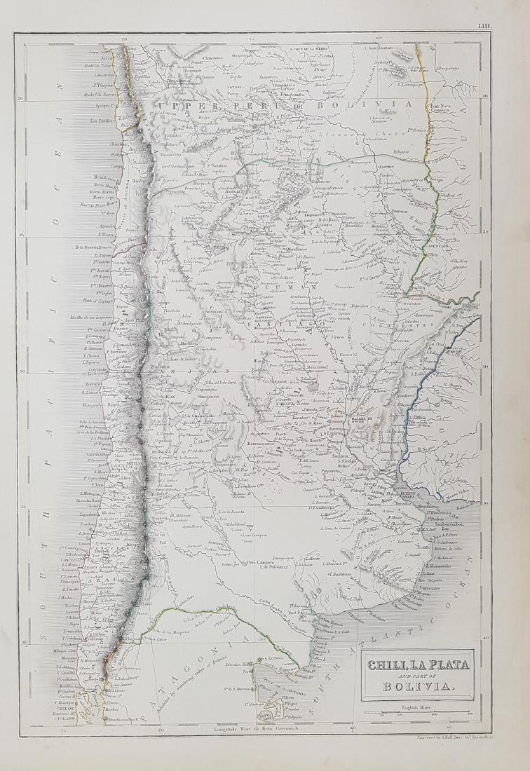 Map Chile La Plata part Bolivia 1840 Hall: CHILI LA PLATA AND PART OF BOLIVIA Beautiful big map of 1840 circa featuring Chile, La Plata and part of Bolivia Date: 1840 circa Author: S. Hall Technique: Copper etching Leaf Dimension: 44x29,5 cm (