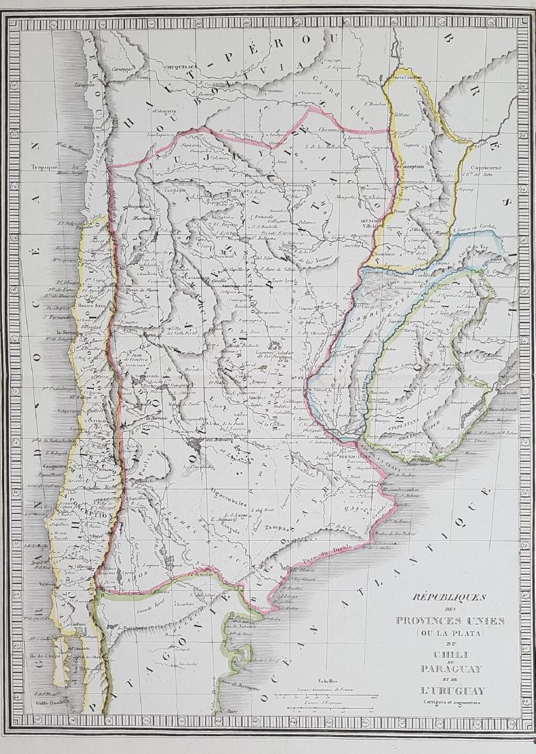 Map Chile Paraguay Uruguay 1860: REPUBLIQUES DES PROVINCES UNIES (OU LA PALATA) DU CHILI DU PARAGUAY ET DE Lâ€™URUGUAY Beautiful coloured map of 1860 circa featuring Chile, Paraguay and Uruguay. Decorated frame. Date: 1860 circa