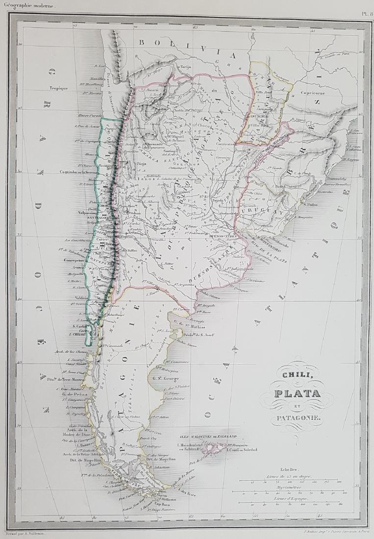 Chile Paraguay Uruguay La Plata Patagonia 1870: CHILI PLATA ET PATAGONIE Beautiful big hand coloured map of 1870 circa featuring Chile, Paraguay, Uruguay and Patagonia. Date: 1870 circa Author: Alexandre Vuillemin, P. Bellier Technique: Copper etch