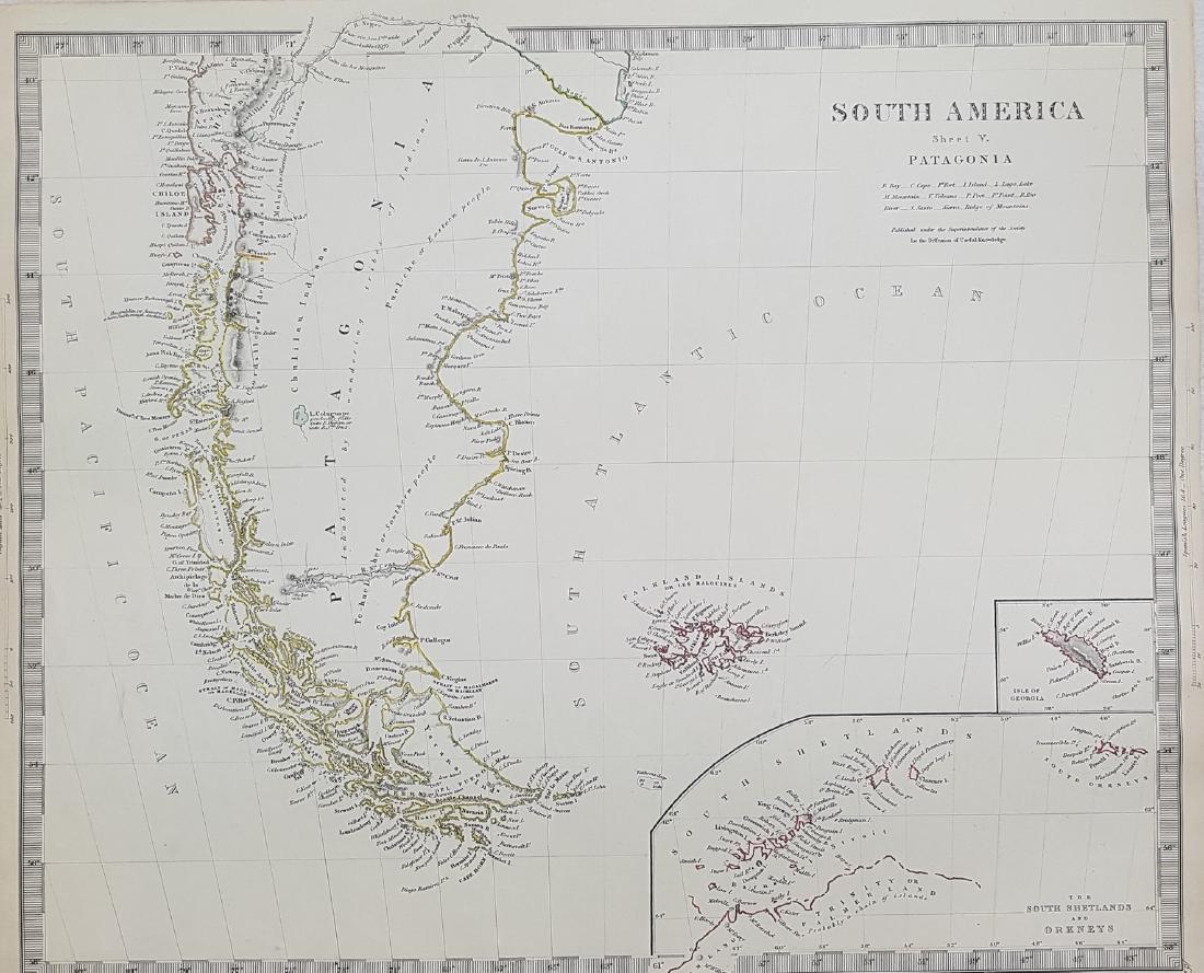 Map Chile Patagonia Argentina 1845 Walker: SOUTH AMERICA SHEET V PATAGONIA Published under the Superintendence of thew Society for the Diffusion of useful knowledge Beautiful big coloured map of Patagonia or modern day Argentina and Chile of 1