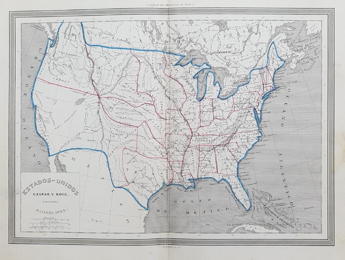 Map United States 1853 Gaspar y Roig: ESTADOS UNIDOS Nice map of United States painted by hand with acquarello painting. Author: Gaspar y Roig Date: 1853 Technique: Copper etching Leaf Dimension: 26,5x35 cm (10.4x13.8 inches) Engraving Di
