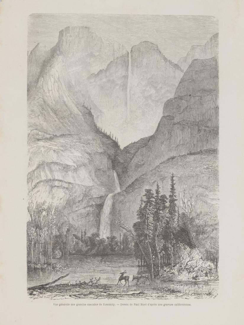 View Yosemite Falls California 1860: VUE GENERALE DES GRANDES CASCADES DE YOSEMITY DESSIN DE PAUL HUET Dâ€™APRES UNE GRAVURE CALIFORNIENNE Beautiful view of Yosemite Falls of 1860 circa. In the verso a part of an article Date: 1860