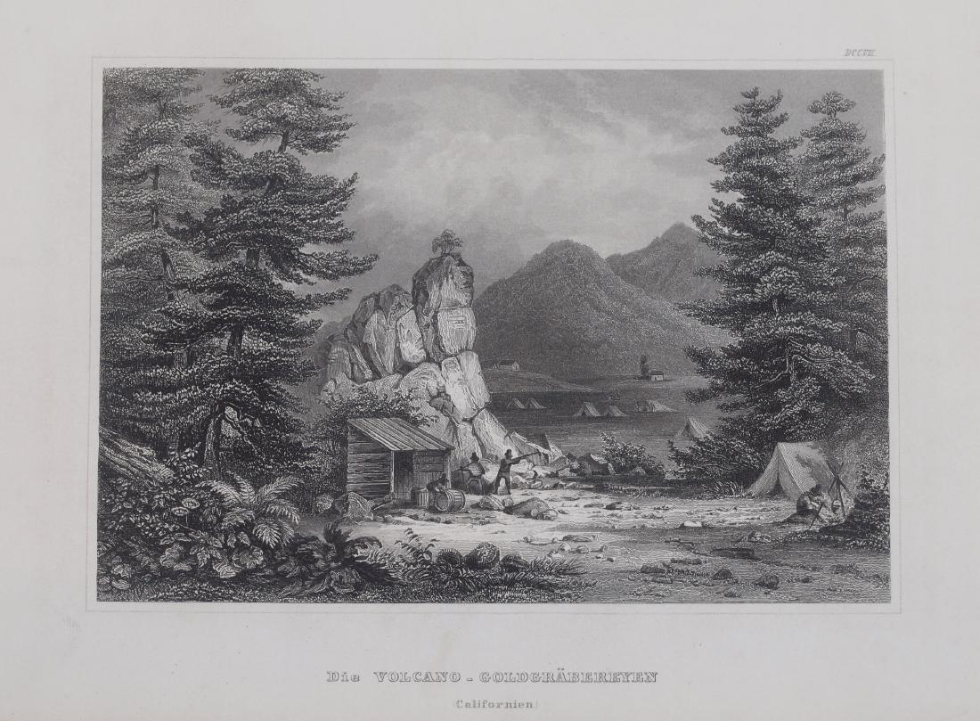 View Volcano Amador County California 1850: DIE VOLCANO â€“ GOLDGRABEREYEN CALIFORNIEN Bibliograph instit. In Hildbh. Beautiful animated view of Volcano in California of 1850 circa. Date: 1850 circa Atlas: Meyer s Universum 1838-1860 circa