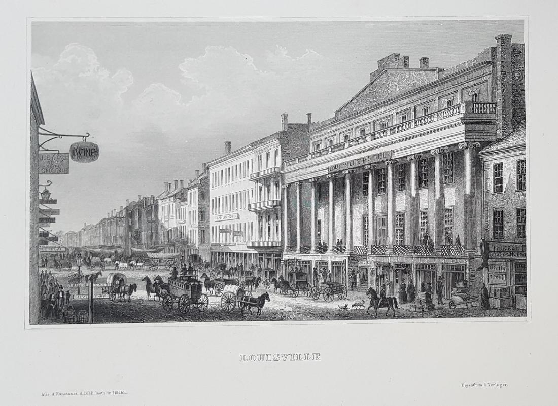 Animated view Louisville Kentucky 1860: LOUISVILLE Bibliograph instit. In Hildbh. Beautiful view of the city of Louisville in Kentucky of 1860 circa. Date: 1860 circa Atlas: Meyer s Universum 1838-1860 circa Technique: Steel etching Leaf Di