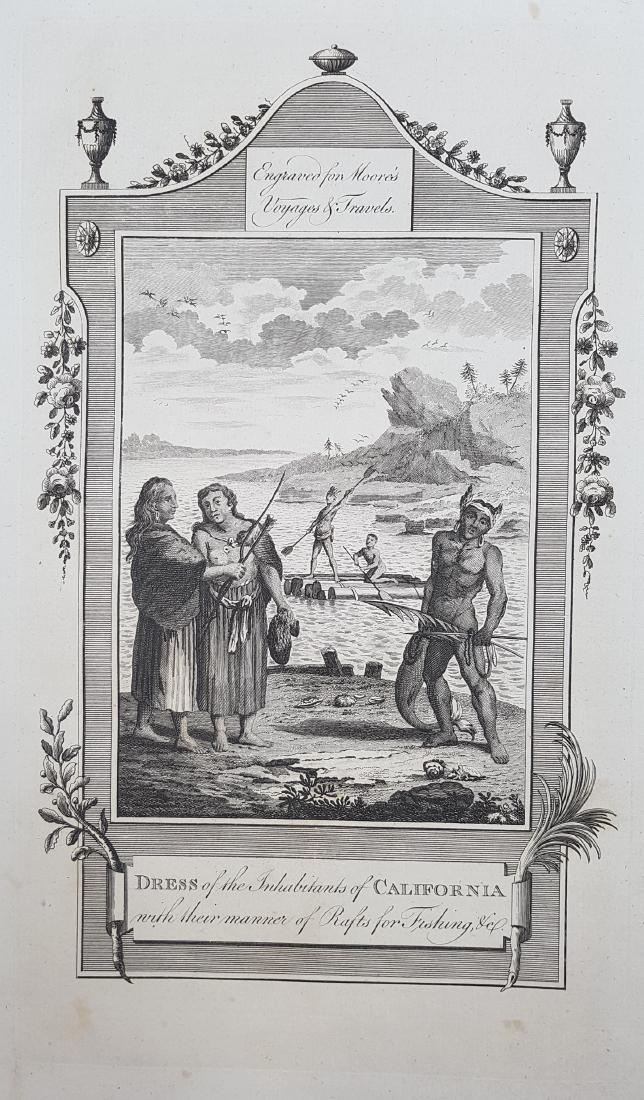 Inhabitants California 1778 Moore: DRESS OF THE INHABITANTS OF CALIFORNIA WITH THEIR MANNER OF RAFTS FOR FISHING Beautiful engraving of 1778 featuring the inhabitants of California. Atlas: John Hamilton Moore - A new complete collectio