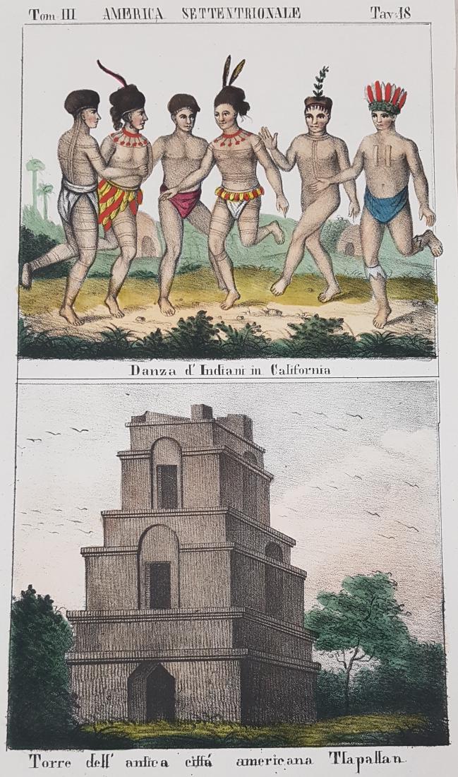 Indians California Tower Tlapallan Mexico 1840: DANZA Dâ€™INDIANI IN CALIFORNIA TORRE DELLâ€™ANTICA CITTA AMERICANA TLAPALLAN Beautiful landscape of 1840 circa featuring some native Indians dancing in California and the tower of the legen