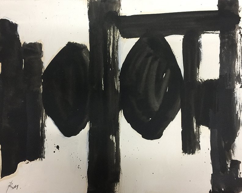 Robert Motherwell (Untitled): This lot is a painting in the style of American artist Robert Motherwell. Size: 16 x 20. Mixed media on cardboard.