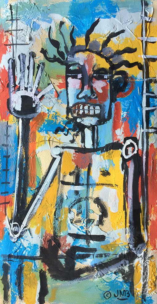 In The Style of Jean- Michel Basquiat (untitled): Jean-Michel Basquiat (1960-1988) was an American artist of Haitian and Puerto Rican descent. Basquiat first achieved fame as part of SAMO, an informal graffiti duo who wrote enigmatic epigrams in the 