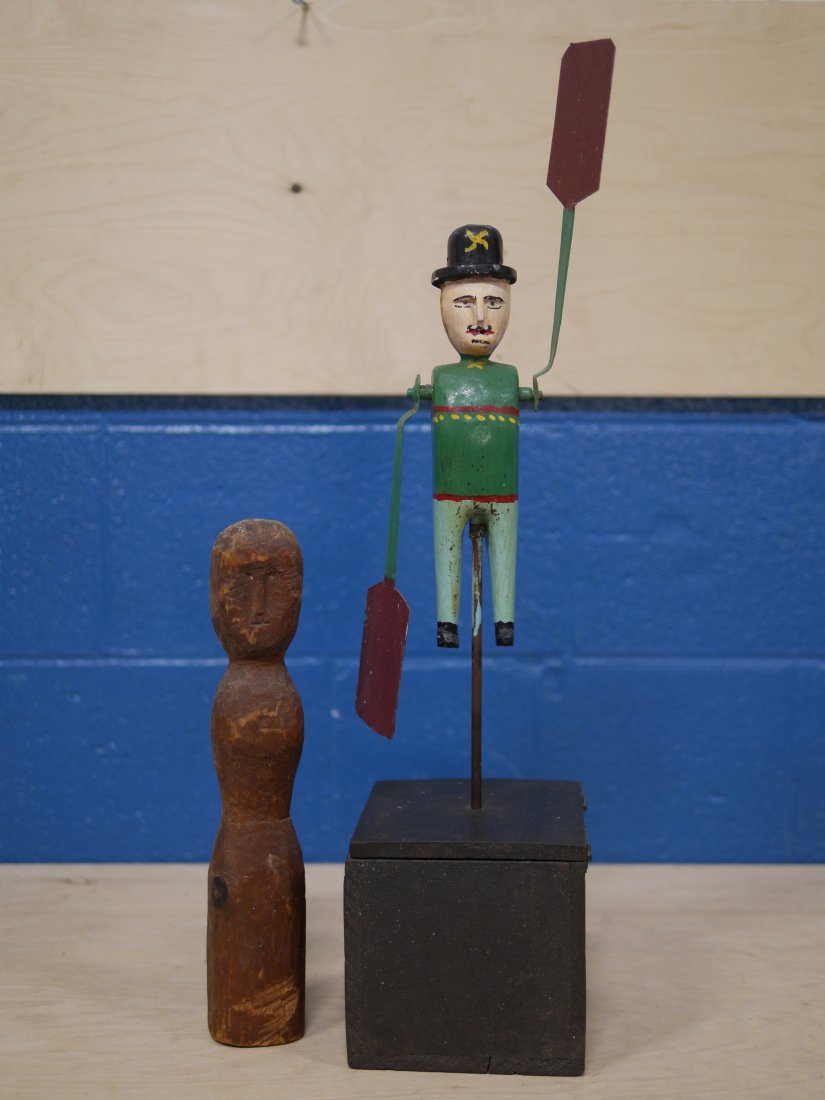 Antique Whirligig Weathervane & Carved Whirligig Head: Weathervane 25"Partially carved whirligig 13"