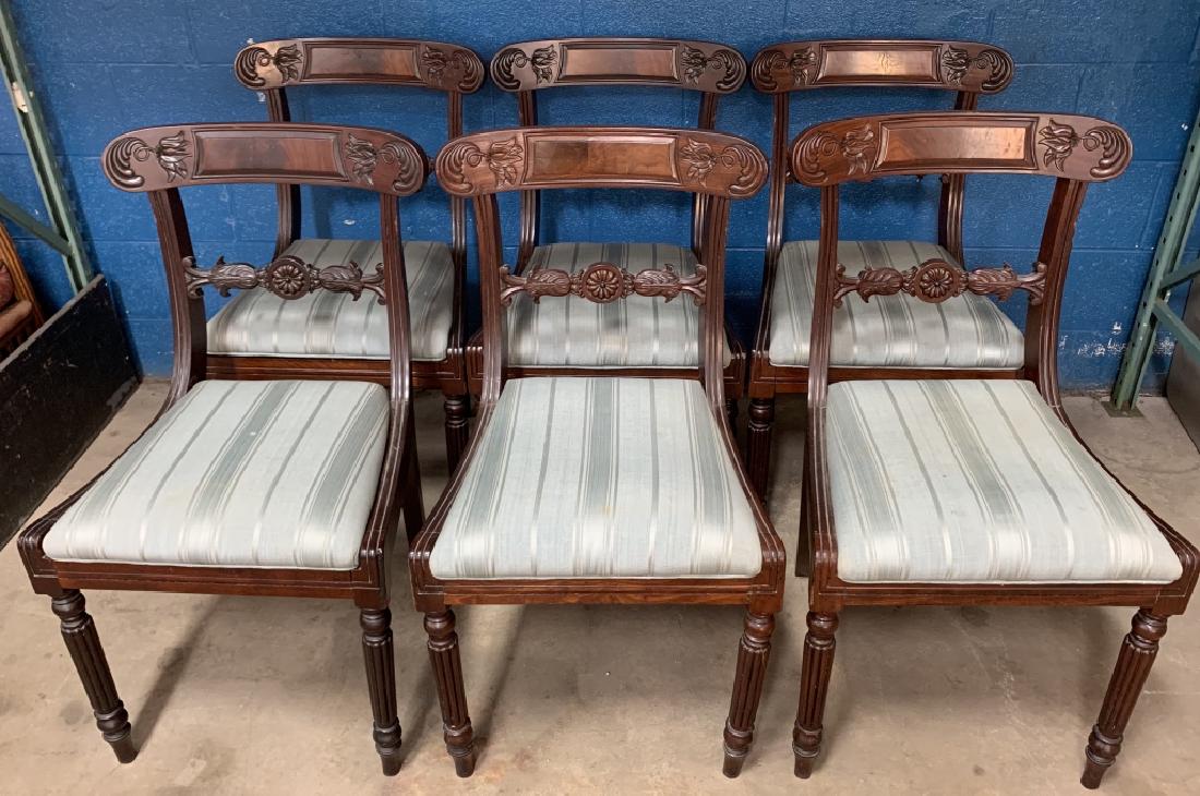 6 19th Century Mahogany Chairs: Set of 6, Mahogany 19th Century Chairs, in the style of Duncan Phyfe. Some staining on fabric. 18" from seat to floor 34" x 19"