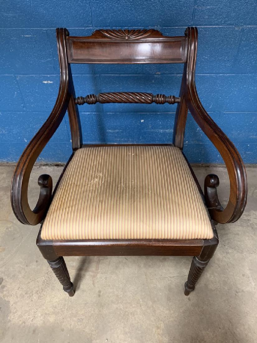 19th Century Mahogany Chair: 19th Century Mahogany Chair Stains on cushion, see photos In the style of Duncan Phyfe 18" from floor to seat 34" x 19"