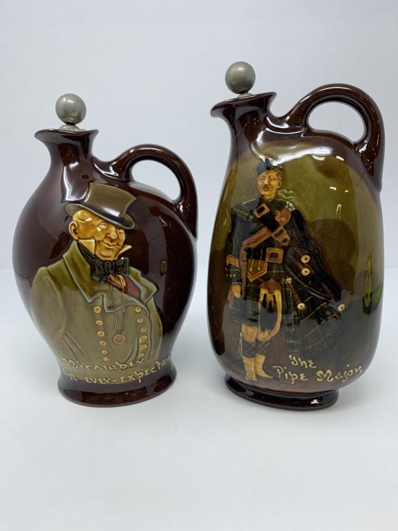Royal Doulton Whisky Flasks: Micawbey "The ever-expectant" 8" The Pipe Major 9 1/2"