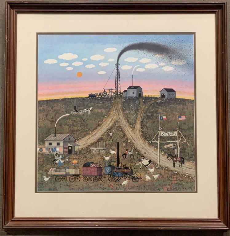 Charles Wysocki "Sunset Hills Texas Wildcatters": Charles Wysocki lithograph entitled "Sunset Hills Texas Wildcatters". Signed and numbered 22/1000. Framed dimensions 29" x 30".