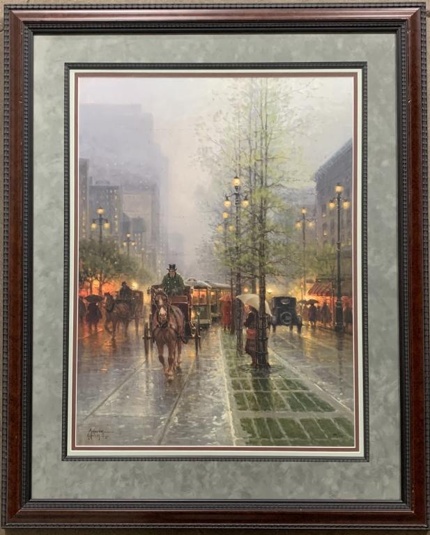 G. Harvey "Carriages on Canal Street" Lithograph: Limited edition lithograph by G. Harvey entitled "Carriages on Canal Street". Framed dimensions: 34 3/4" x 39 1/4". Signed and numbered 895/1950.