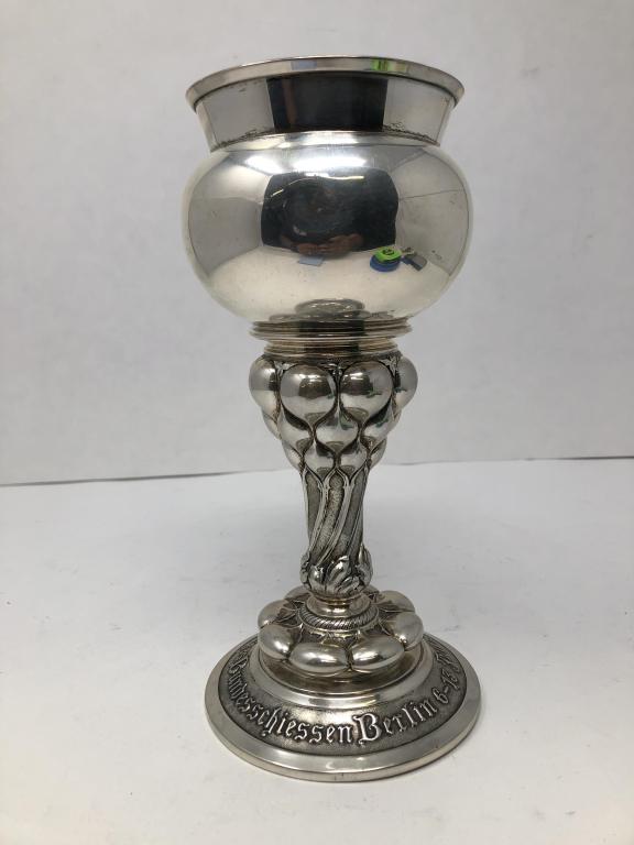 German Silver Commemorative Shooting Trophy Cup: Marked 800 on bottom, dents in side, 8.5" wide
