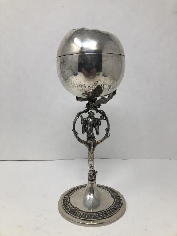 German Silver Commemorative Shooting Trophy Cup: 1906, marked 800 on bottom, 9" tall