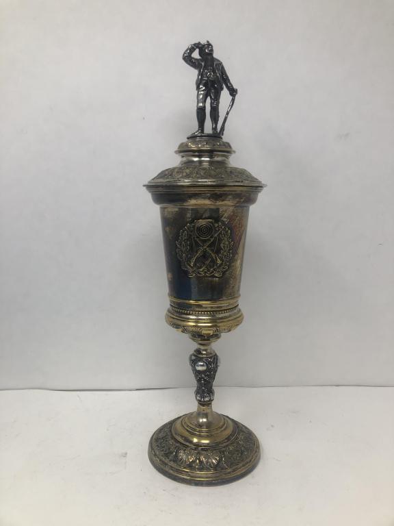 German Silver Commemorative Shooting Trophy Cup: 15" tall, not marked with silver content