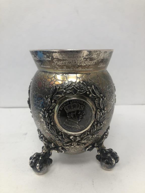 German Silver Commemorative Shooting Trophy Cup: Marked 800 on bottom, 5" tall
