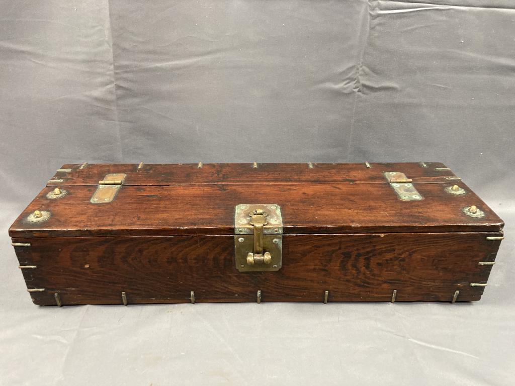 Korean Joseon Dynasty Scholar's Box: Antique 19th Century item. Made of an unknown wood with tarnished brass hardware and embellishments. Korean scholars would use boxes such as this to store an inkstone or different kinds of stationery.