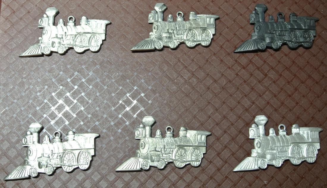 (Lot of 6) Pewter Double-Sided Train Ornaments: (Lot of 6) Pewter Double-Sided Train Ornaments ~ New Old Stock From Reed & Barton Factory ~ In Various States Of Finish