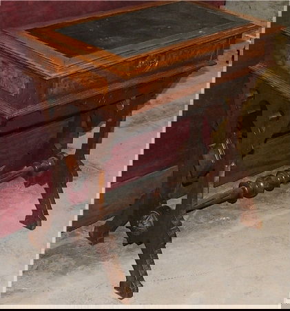 Eastlake Sewing Table: Antique Eastlake sewing table w/leather top burled highlights pull out drawer very nice condition