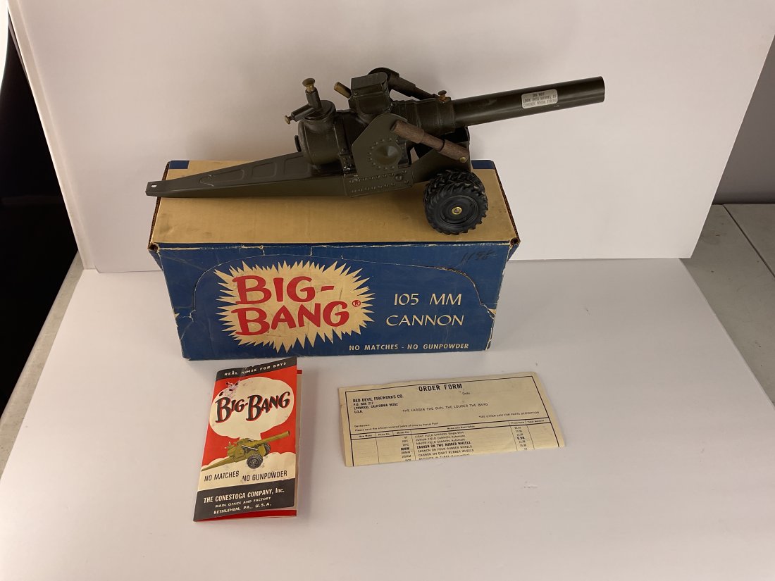 17.5in Big Bang 105mm Cannon with original box and paperwork: BIG-BANG 105 MM CANNON with original box and instructions. Here is a really cool old toy cannon. The cannon is used but probably not that much as you can see by the pictures. RARE to see original box