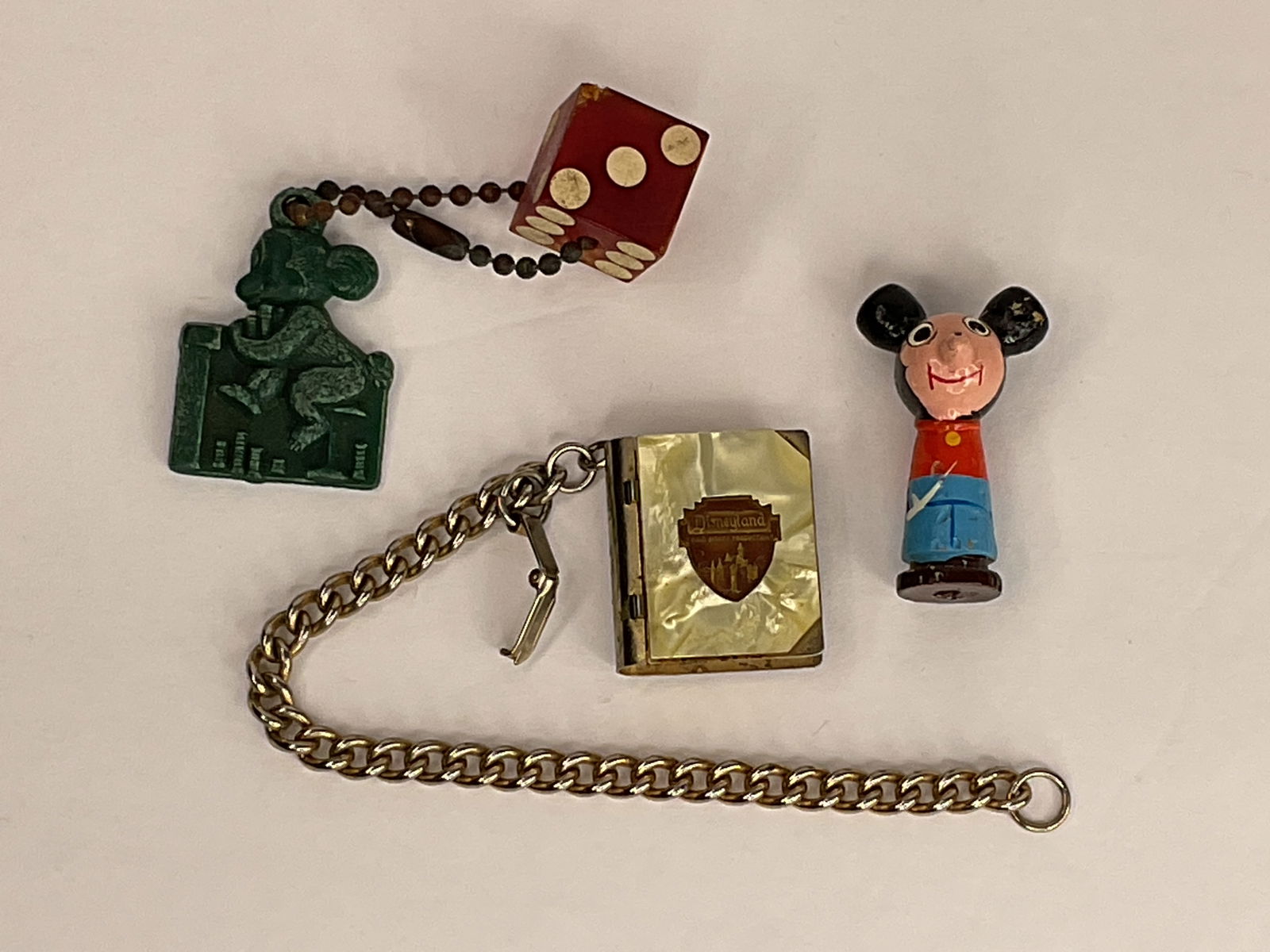 Vintage DISNEYLAND Souvenir Charm Bracelet Mini Postcard Book MICKEY Key Chain Old Wood Mickey (1 of 13)