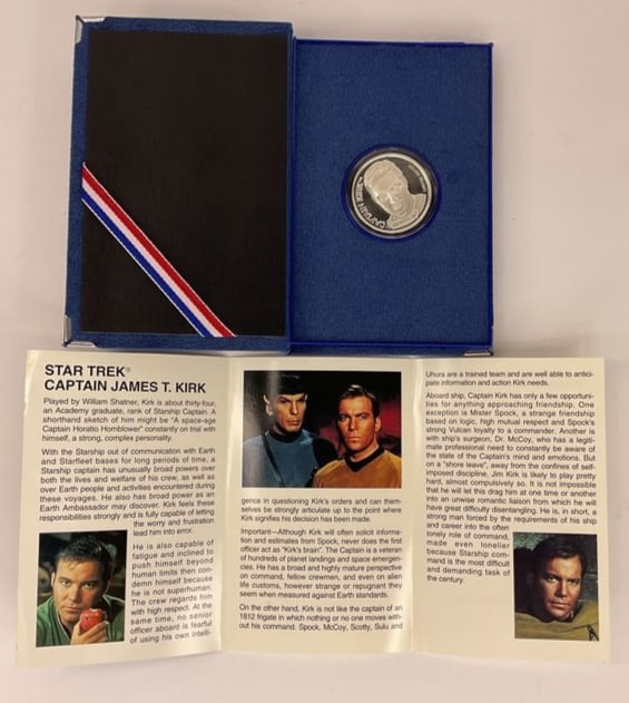 25th Anniversary 1991 Captain Kirk 1 oz .999 FINE SILVER Coin LTD only 5000 made: 25th Anniversary STAR TREK Captain Kirk 1 oz Sterling Silver (ONE TROY OUNCE .999 FINE SILVER). There were only 5,000 made and comes in a nice blue case and an information sheet. Has white carrier box