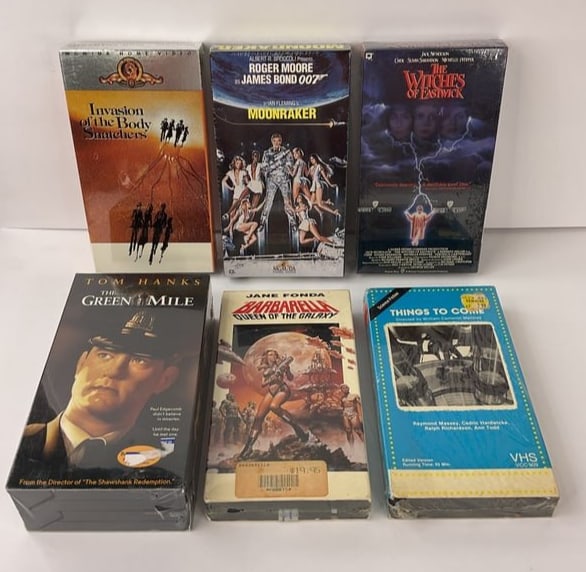(6) SEALED VHS BARBERELLA Moonraker INVASION OF BODY SNATCHERS The Green Mile: (6) SEALED VHS Tapes SCIENCE FICTION THEMED - INVASION of the BODY SNATCHERS, MOONRAKER, The Witches of Eastwick, Barberella Queen of the Galaxy, The Green Mile, and THINGS TO COME. Nice LOT.