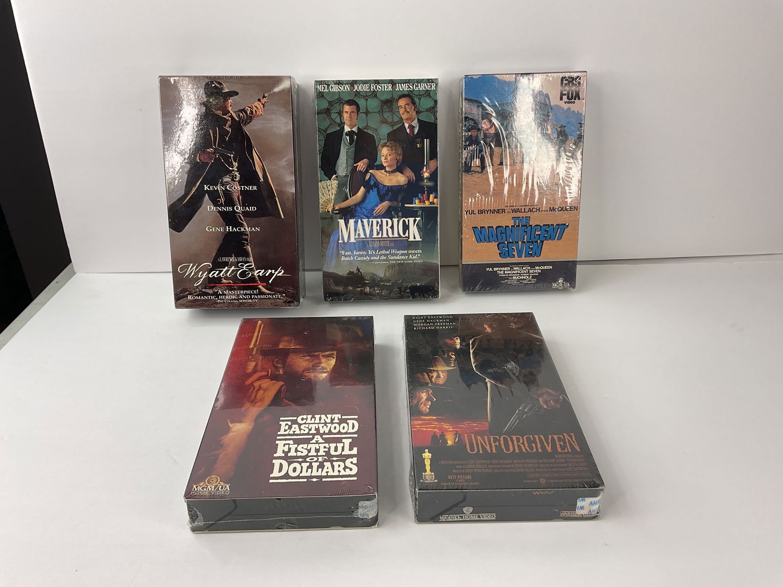 (5) SEALED VHS  WYATT EARP Maverick THE MAGNIFICENT SEVEN A fistful of Dollars UNFORGIVEN Eastwood (1 of 9)