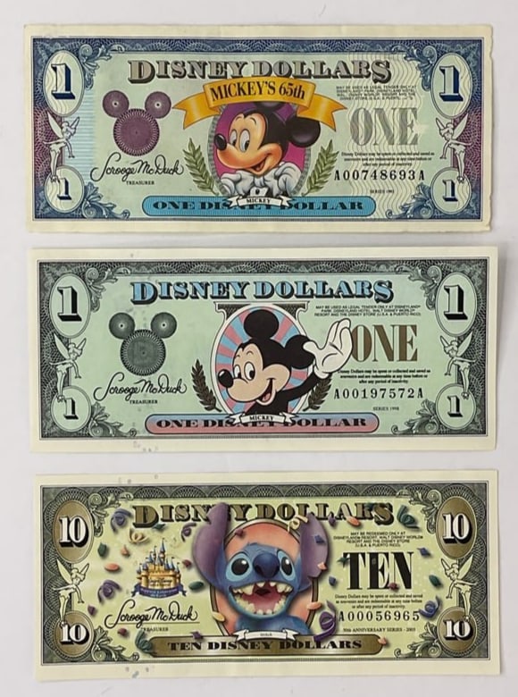 DISNEY DOLLARS $1-1993 $1-1998 $10-2005: DISNEY DOLLARS $1-1993 $1-1998 $10-2005. These were sold at the park as in park currency but as the genius Disney Execs planned people saved them and collected them.