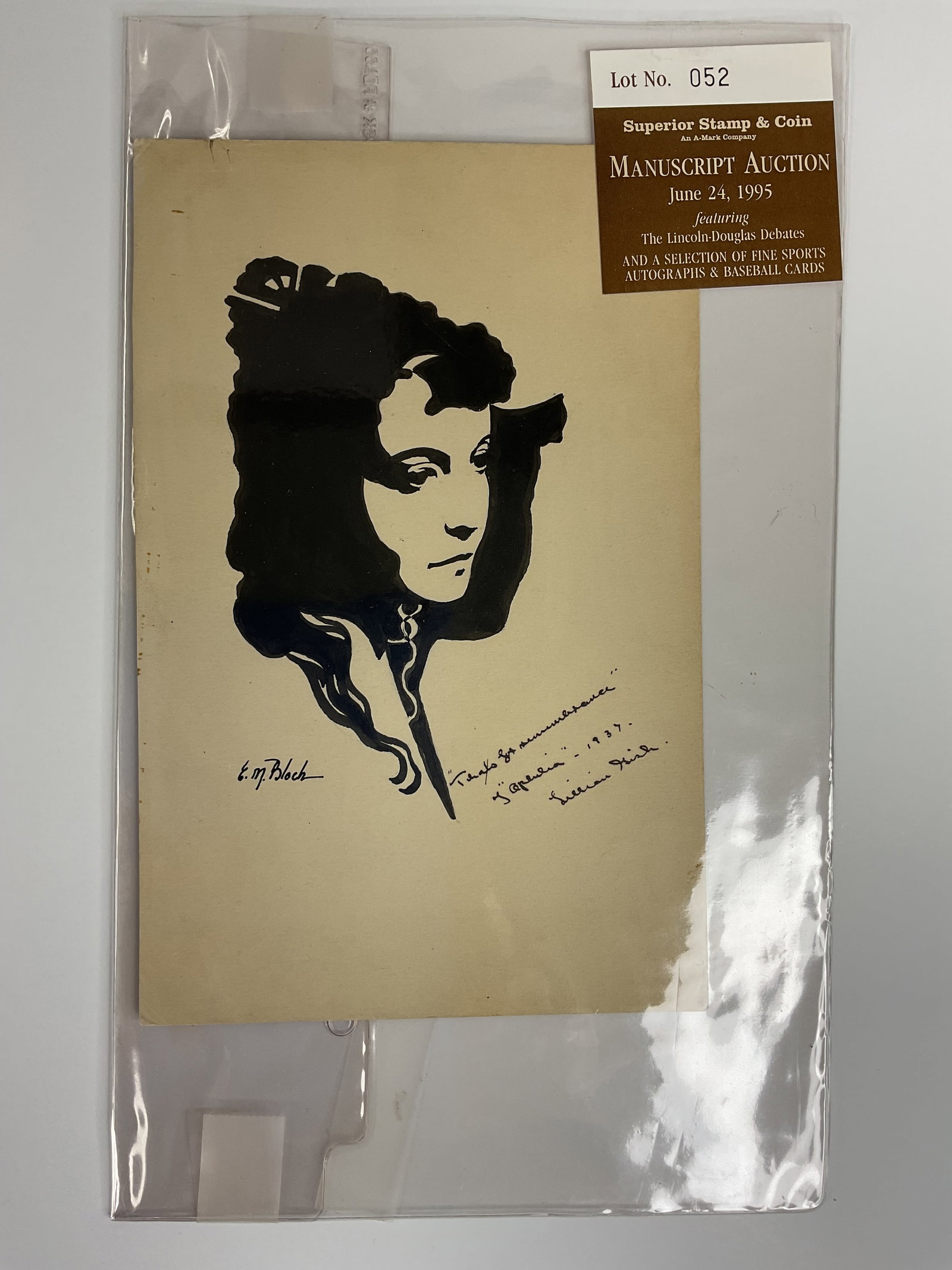 Actress LILLIAN GISH signed ARTWORK by E. M. BLOCH 8" by 5.25" Card (1 of 7)