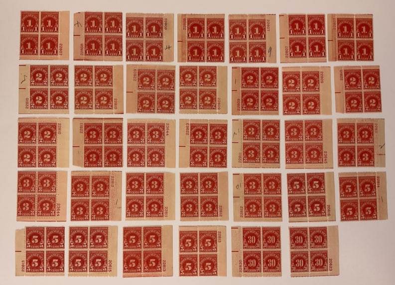 (34) US POSTAGE DUE BLOCK 1 - 2 - 3 - 5 - 30 cent STAMPS LOT (1 of 11)