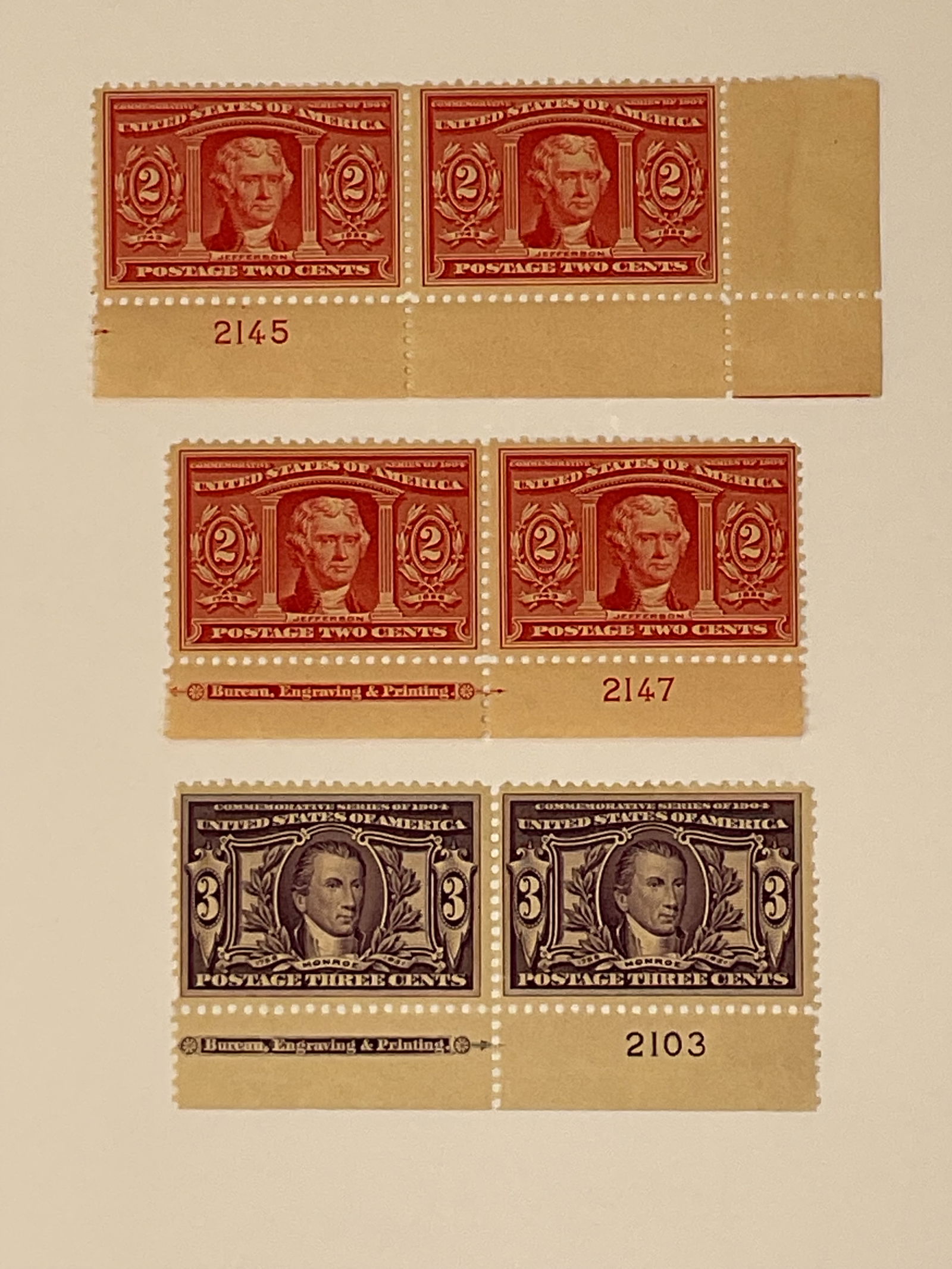 US STAMPS #324 & #325 2C Jefferson Louisiana Purchase 3c Monroe PAIRS from 1904 (1 of 2)