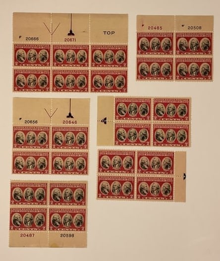 (6) US STAMPS #703 YORKTOWN ISSUE 1931 (5) BLOCK PLATES of 4 and (1) of 6 (1 of 9)
