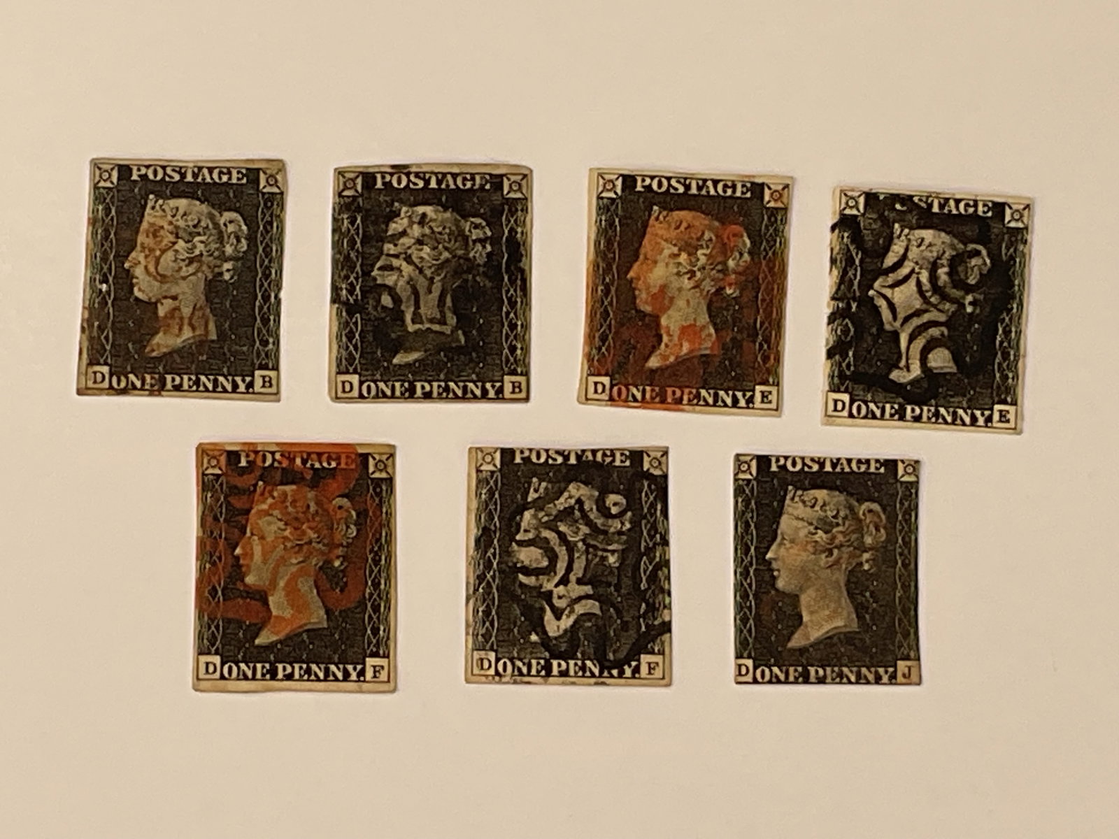 LOT of (7) Great Britain Penny Blacks DB DE DF DJ: GREAT BRITAIN Penny Blacks (2) DB (2) DE (2) DF and one DJ. These are some of the first postage stamps ever created