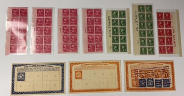 US POSTAL SAVINGS CARDS Used/Unused 1c 2c US Coil Stamp Blocks (10) PIECES (1 of 8)