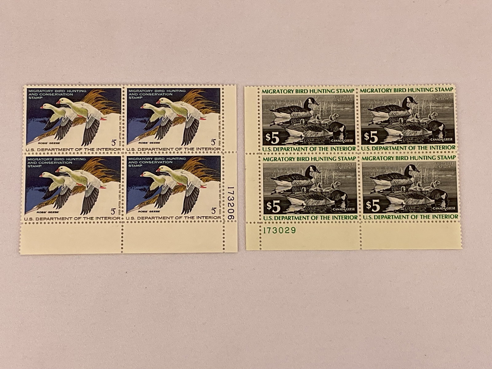 (2) 4-Blocks of MIGRATORY BIRD HUNTING $5 STAMPS Ross' and Canada Geese (1 of 5)