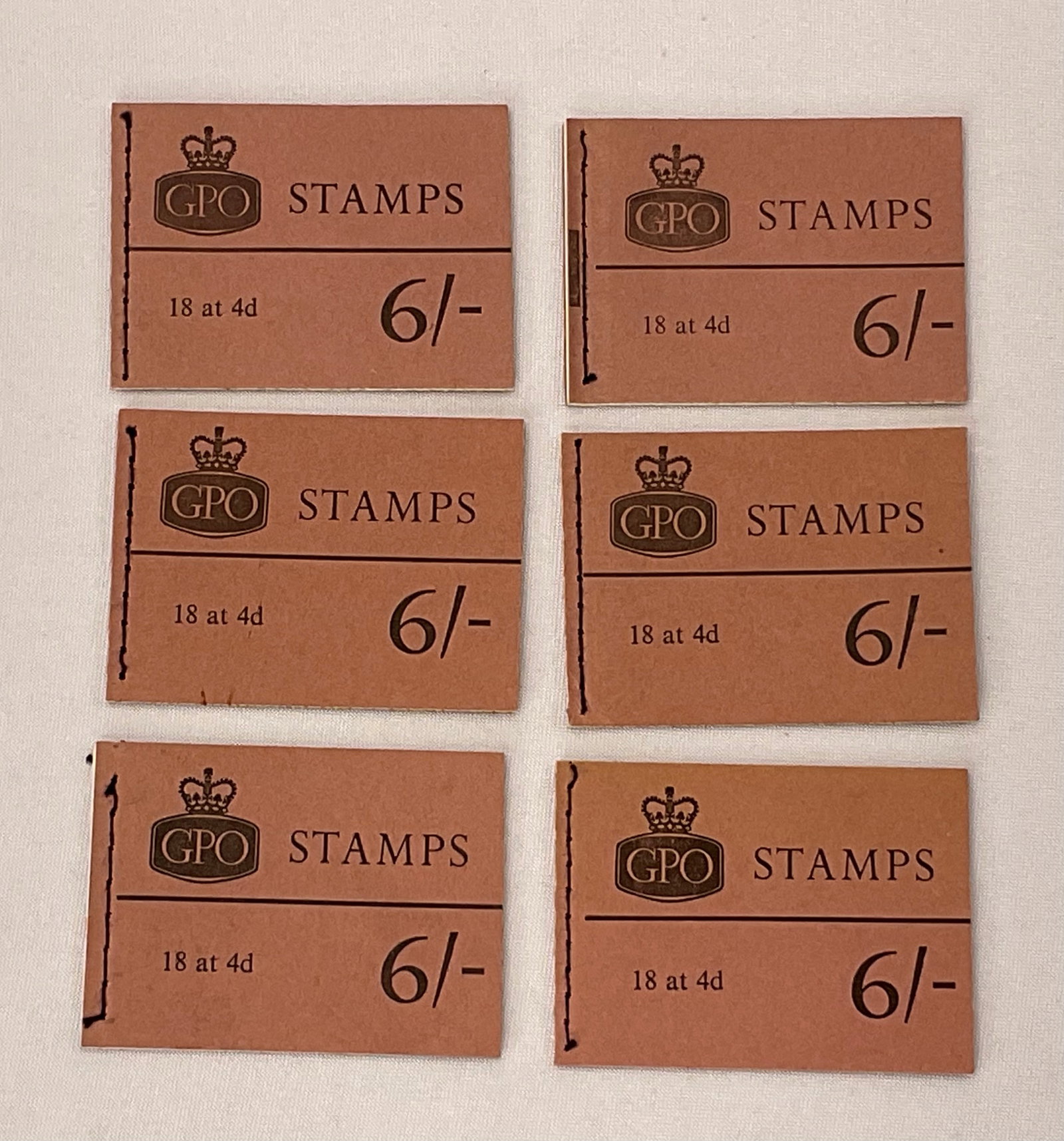 ROYAL MAIL GPO GREAT BRITAIN Queen Elizabeth Stamp Booklets Pre Decimal (6) Total UNUSED: ROYAL MAIL GPO GREAT BRITAIN Queen Elizabeth Stamp Booklets Pre Decimal (6) Total. (6) GPO 18 at 4d. ALL BOOKLETS ARE UNUSED and have 18 at 4d Stamps.