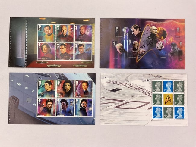 STAR TREK Great Britain ROYAL MAIL (4) Sheets Kirk PICARD Spock SISCO Janeway UNUSED (1 of 4)