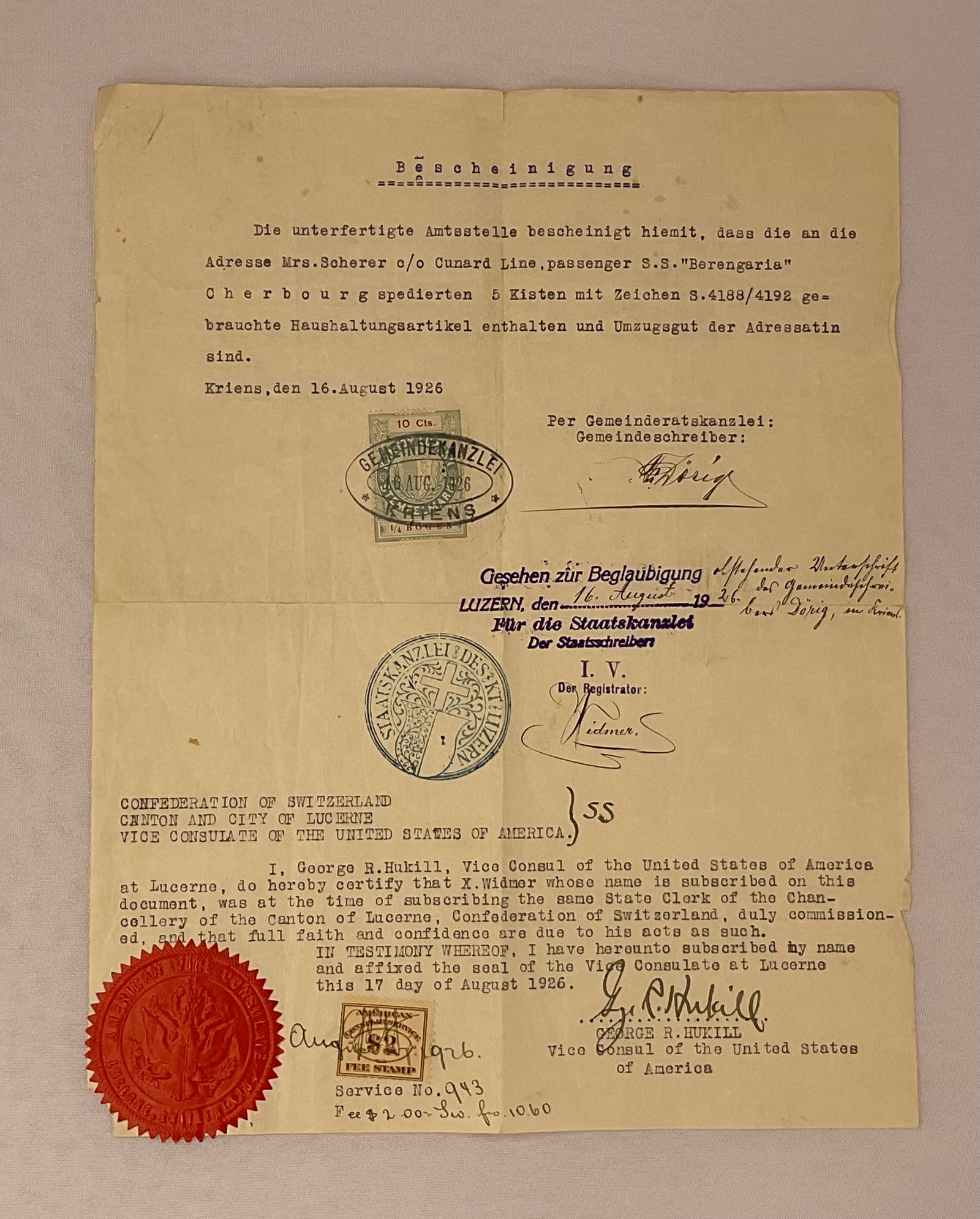 LETTER dated 1926 Consulate Stamp with $2 Consular Service Fee Stamp US GERMAN (1 of 9)