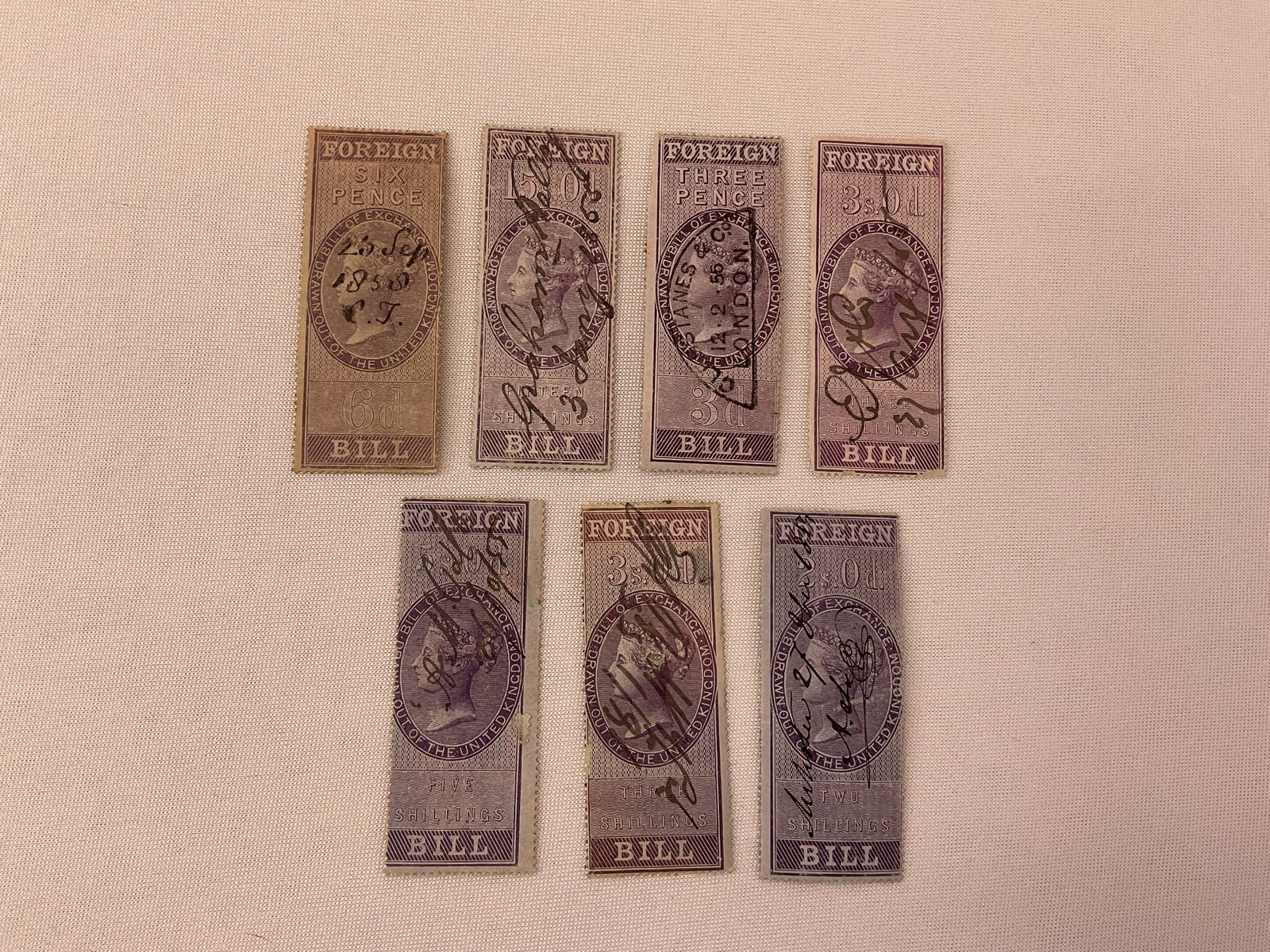 Lot of (7) Queen Victoria Foreign Bill Canceled Revenue Stamps 1850's: Lot of (7) Queen Victoria Foreign Bill Canceled Revenue Stamps 1850's