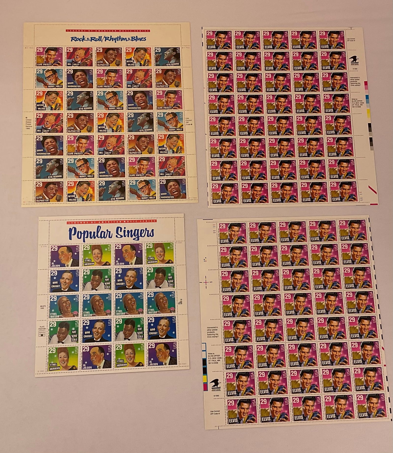 (2) ELVIS PRESLEY 29c Full Sheets Rock Roll Blues 29c Sheet Popular Singers 29c Sheet USA (1 of 5)