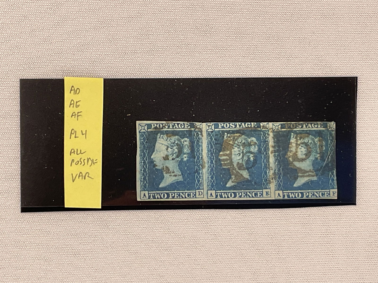 GREAT BRITAIN Penny Blue #4 Strip of (3) Imperforate AD AE AF Plate 4 (1 of 4)