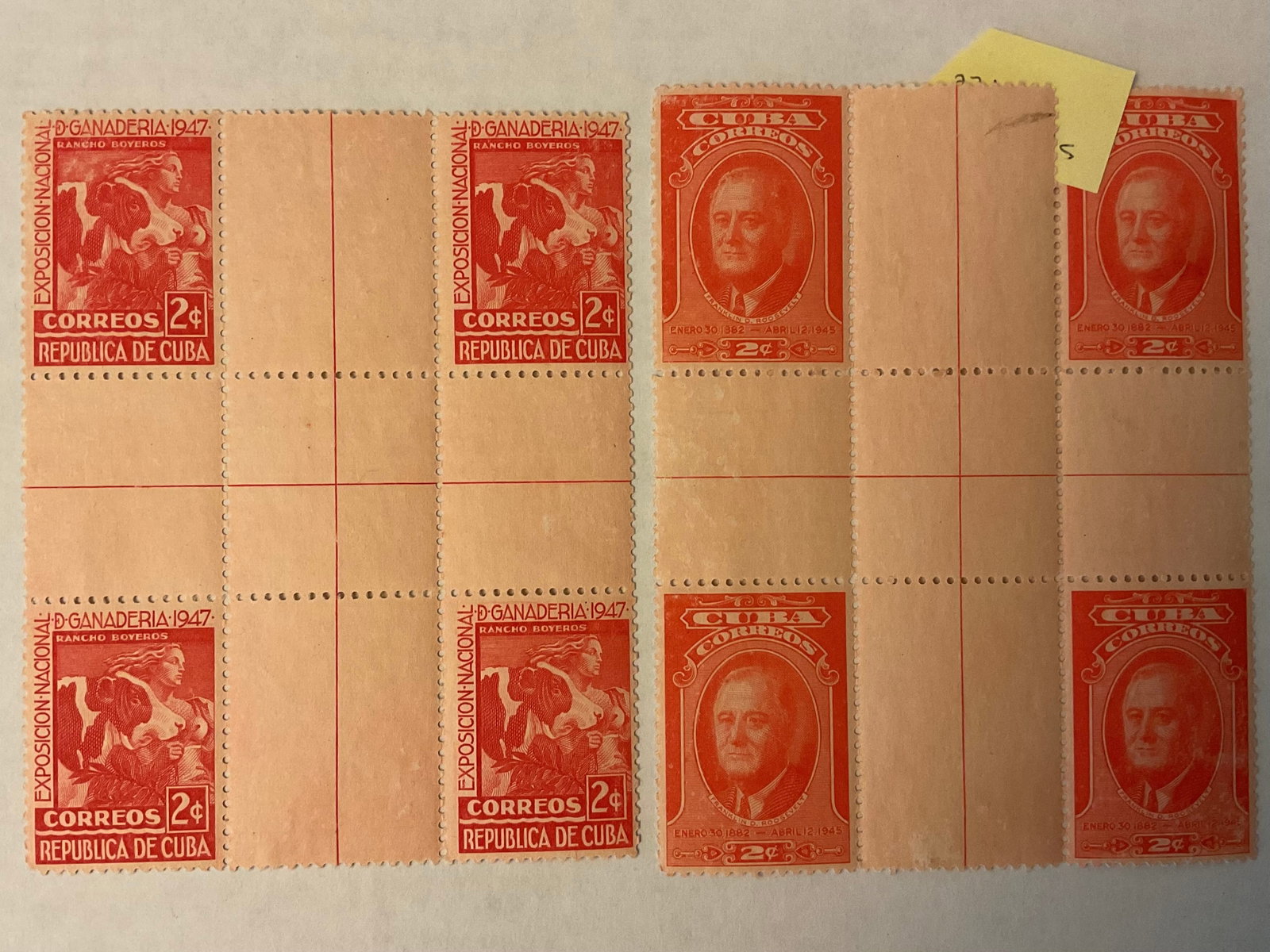 CUBA 1945 2c 4-BLOCK Roosevelt 1947 2c 4-Block National Livestock Exposition: CUBA 1945 2c 4-BLOCK President Roosevelt and 1947 2c 4_Block National Livestock Exposition