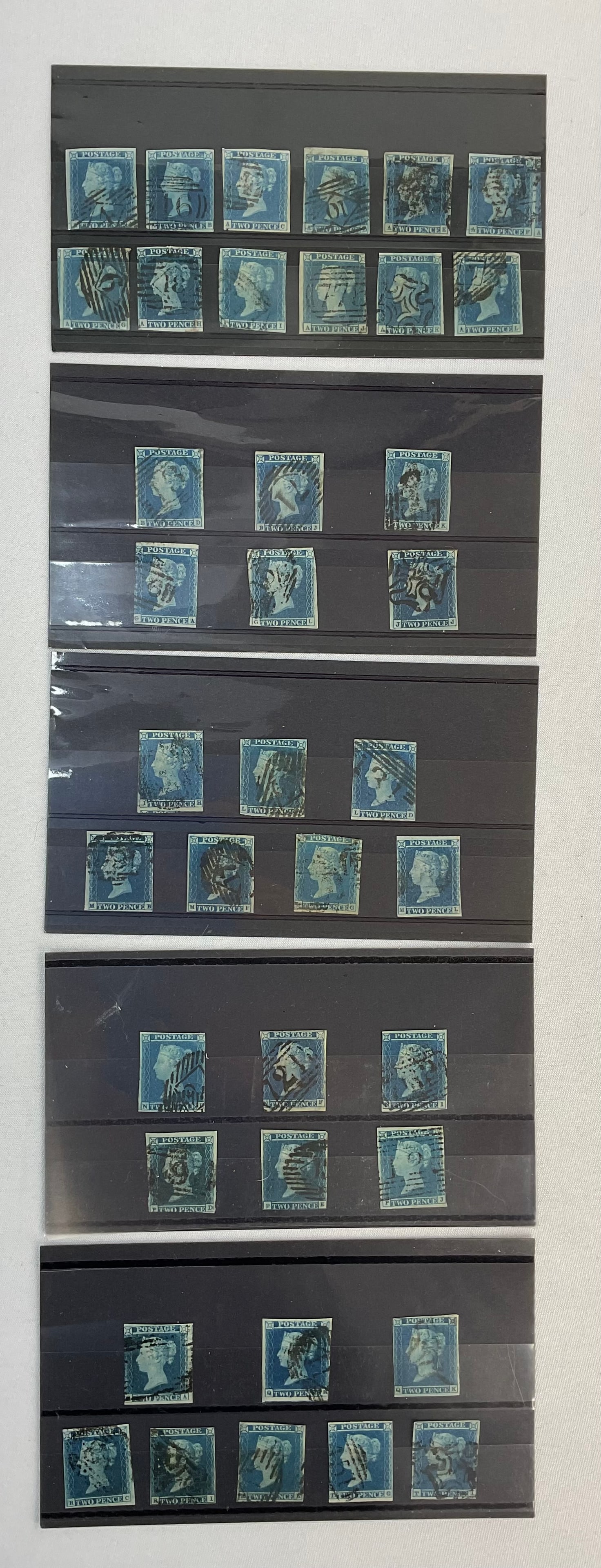 Group of (39) Great Britain Scott #4 Stamps AA - TI: Group of (39) Great Britain Scott #4 Stamps. CARD #1 includes: AA AB AC AD AE AF AG AH AI AJ AK AL CARD #2 includes: BD BJ BK GA GL JJ CARD #3 includes: IH LA LD MB MF MG ML CARD #4 includes: ND NF NI